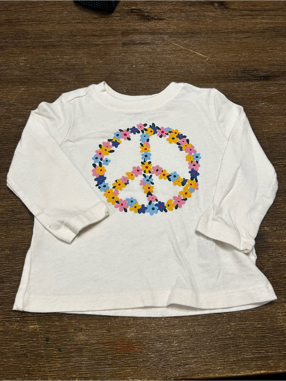 Old Navy White Long-Sleeve Tee with Multicolor Floral Peace Sign